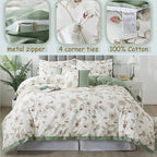 FADFAY Floral Bedding Set Full 100% Cotton Shabby and Chic Beige Green - Image 3
