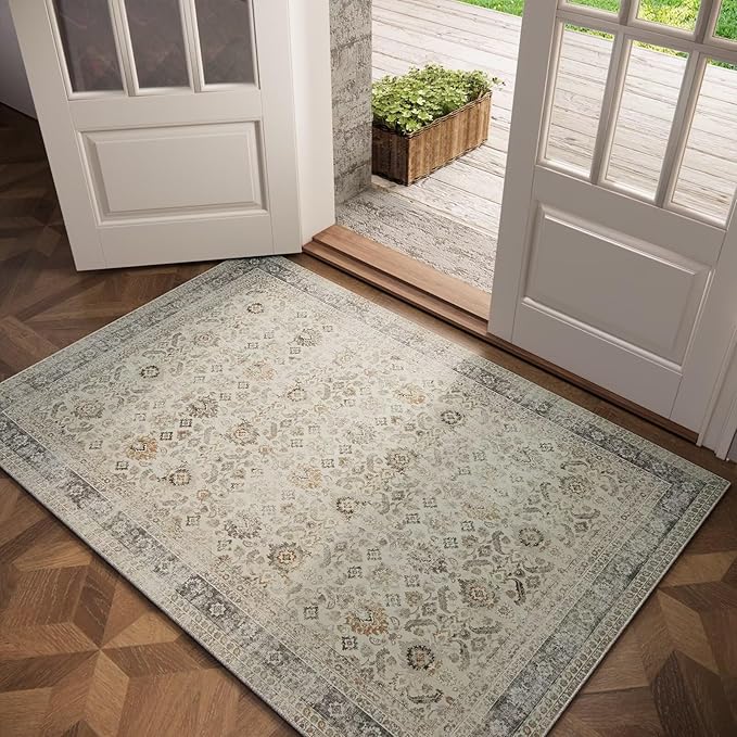 Washable 3x5 Entryway Rug, Boho Non-Slip Vintage Distress Small Rugs by Hedwior
