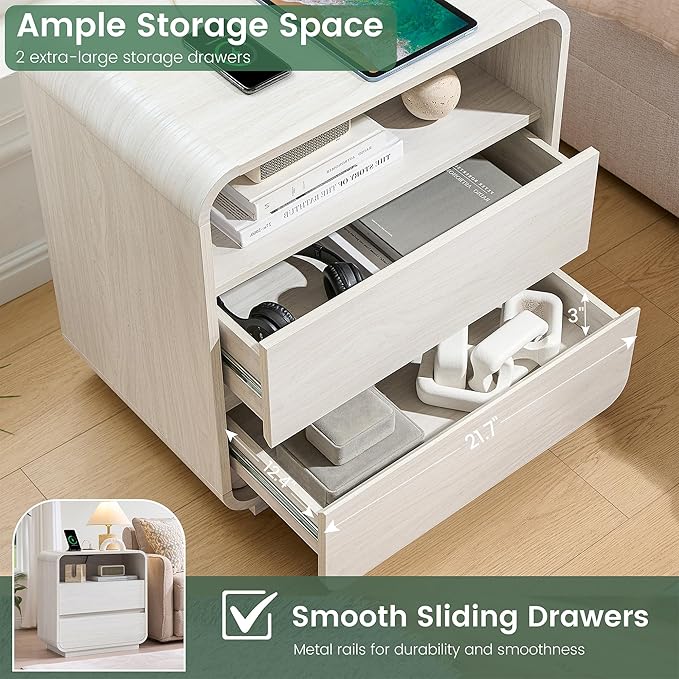 White Nightstand Set of 2 with Charging Station, 23.2" Wide Wood Bedside Table - Image 5