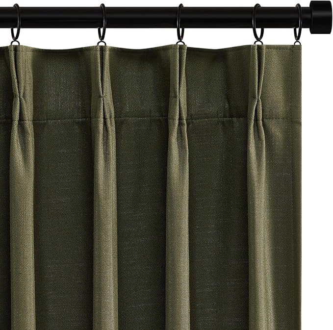 Topfinel Olive Green 102 Inches Long Custom Blackout Linen Curtains, Pinch - Image 9