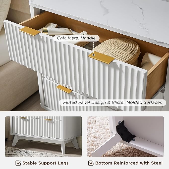 T4TREAM Fluted 3 Drawers Nightstand Set of 2, Oversized Extra Large Modern Side - Image 6