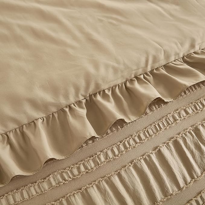 WONGS BEDDING Khaki Comforter Set King, 3 Pieces Ruffle Farmhouse Shabby Chic - Image 6