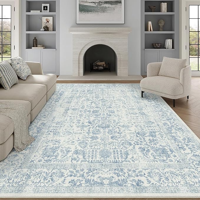 Blue Area Rug 9x12 Machine Washable Large Vintage Living Room Distressed Non by PureCozy
