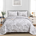 WONGS BEDDING Grey Quilt Set Queen Size, 3 Pieces Botanical Bedspreads Set - Image 2