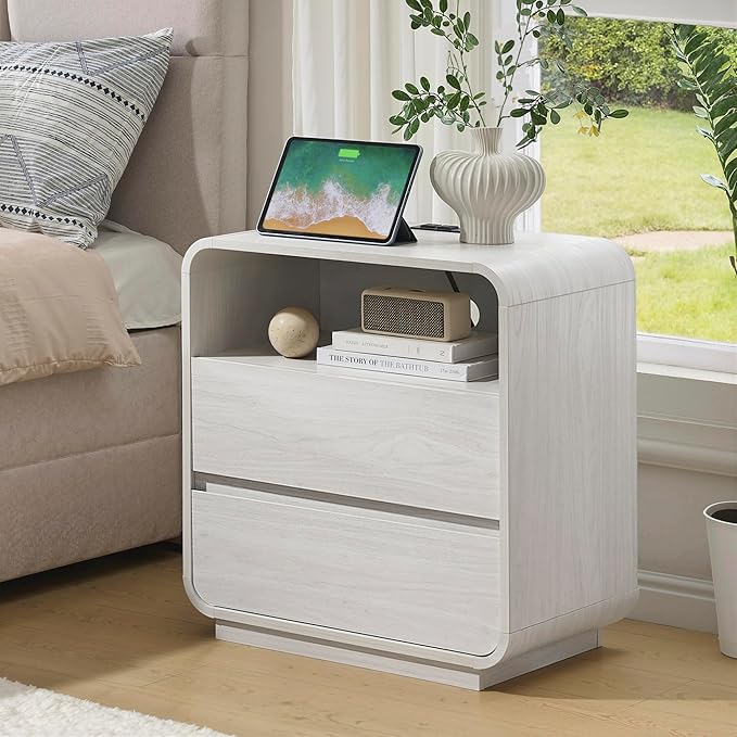 White Nightstand Set of 2 with Charging Station, 23.2" Wide Wood Bedside Table - Image 2