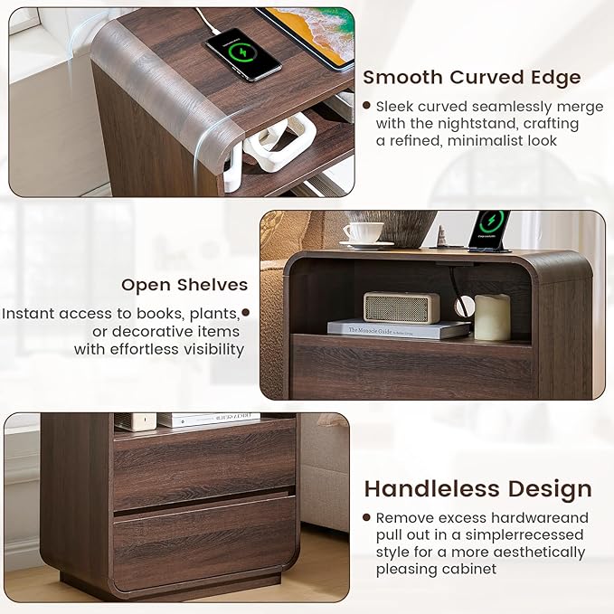Modern Walnut Nightstand, 2 Storage Drawers Side Table Curved Profile, - Image 7