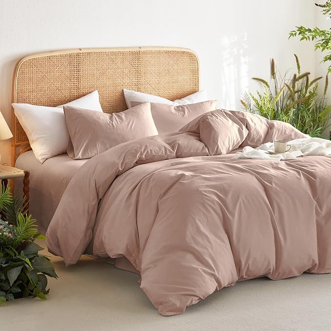 Wake In Cloud - Cotton Duvet Cover Set, King Size, Dusty Rose Pink, 100% Washed - Image 3