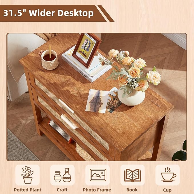 LEYAOYAO 31.5" Wide Rattan Night Stand, Large Boho Nightstand, Bedside Table - Image 4