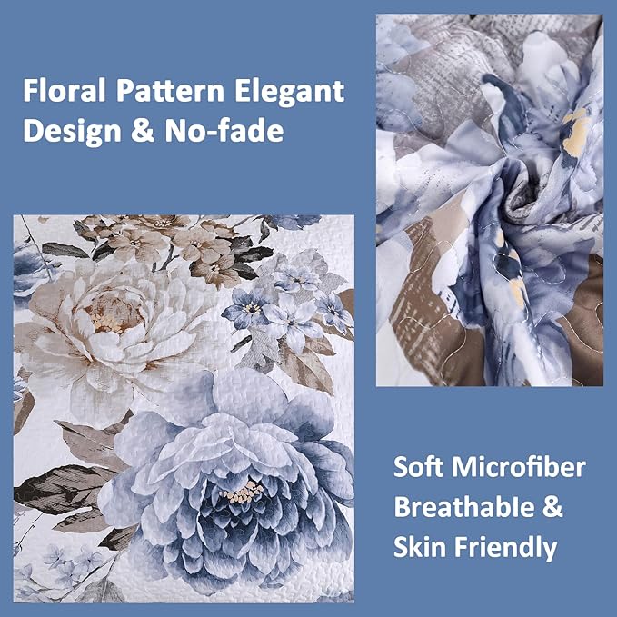WONGS BEDDING Floral Quilt Set Blue Queen Size 3 Pieces Elegant Botanical Print - Image 4