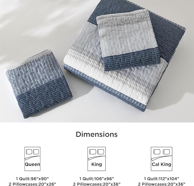 Litanika King Size Quilt Set Navy Blue, Stripe Patchwork Summer Bedspread - Image 6