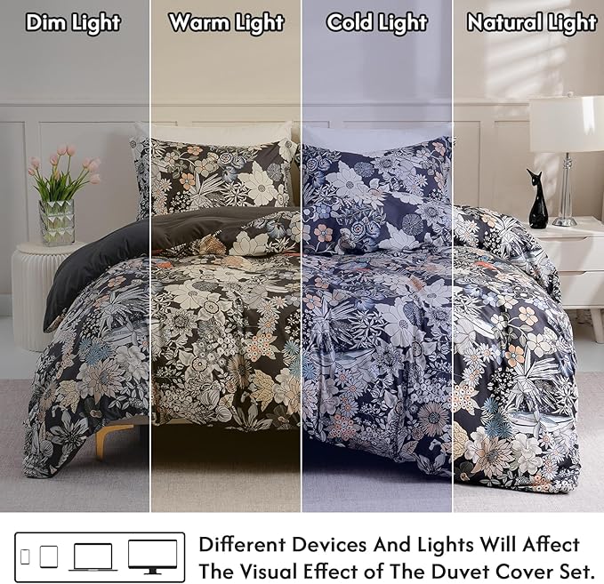 LONAVA Queen Flower 3 Pcs Duvet Cover Set, Breathable Soft Microfiber Black - Image 5