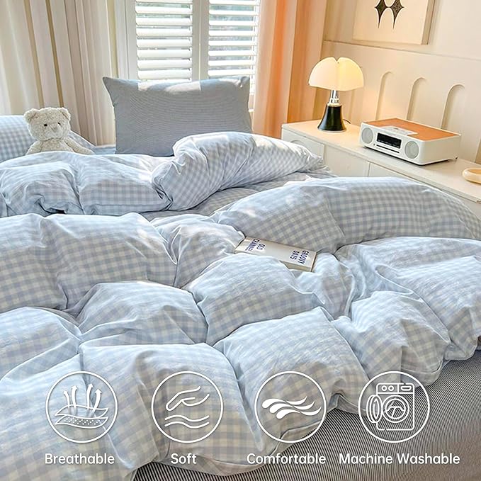 BOLINLIVING Gingham Duvet Cover Queen Size, Microfiber Bedding Set - Image 3