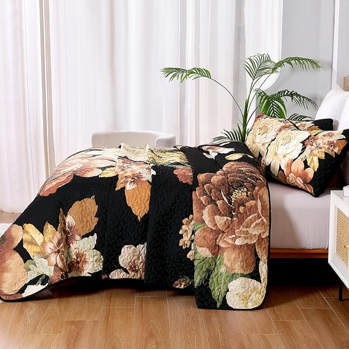 WONGS BEDDING Black Boho Floral Quilt Set Queen, Elegant Gold Flower Bedspread - Image 5