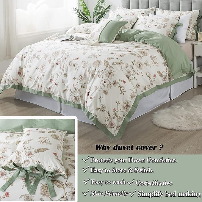 FADFAY Floral Bedding Set Full 100% Cotton Shabby and Chic Beige Green - Image 2