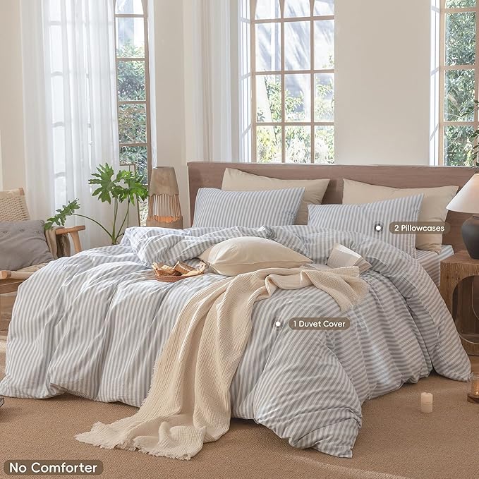 MooMee Striped Duvet Cover Set 100% Washed Cotton Linen Like Textured - Image 2