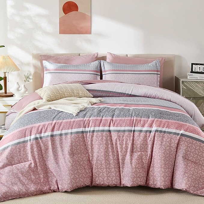 WONGS BEDDING Pink King Comforter Set 7 Pieces, Boho Striped Bed in a Bag Queen - Image 2