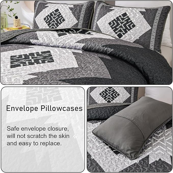 Dintszyayue Black Quilt Set Boho King Size, 3 Piece Aztec Texture Bedspread - Image 5