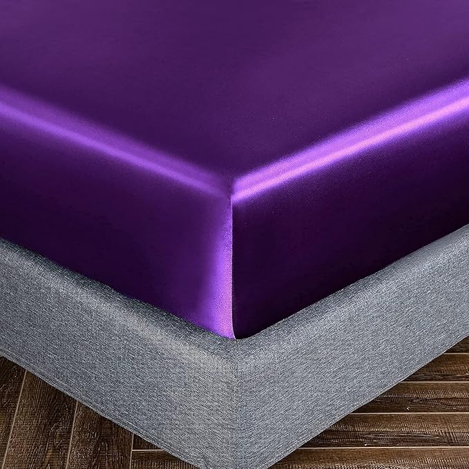 Homiest Purple Satin Fitted Sheet King Size, Deep Pocket, Luxury & Ultra Soft - Image 3