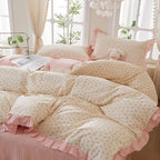 mixinni Pink Floral Duvet Cover Set King Size – 100% Cotton Ruffle Lace Bedding - Image 2