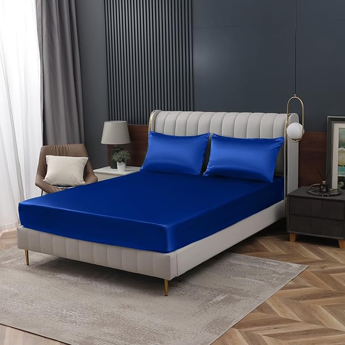 Homiest Royal Blue Satin Fitted Sheet King Size, Deep Pocket, Luxury & Ultra by Homiest