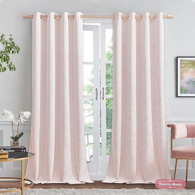 Beauoop Pink Floral Jacquard Blackout Curtains 108 Inches Long 2 Panels - Image 2