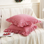 2 Pack Red/White Plaid Ruffled Throw Pillow Sham 20 x20 inches, Washed Cotton - Image 3