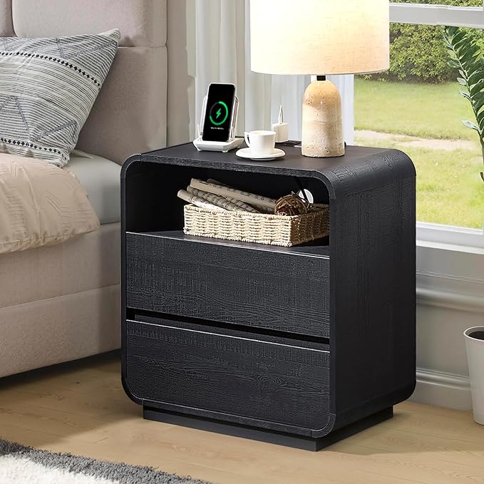 Black Nightstand with Charging Station, Modern End Table with 2 Storage Drawers - Image 8