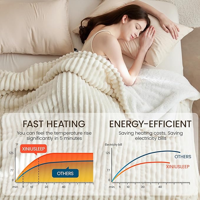 Heated Blanket Electric Blanket 90"x90", Soft Flannel Sherpa Electric Throw - Image 2