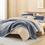 Litanika Queen Quilt Set Navy Blue, Stripe Patchwork Bedspread Coverlet 3 Pieces - Image 4