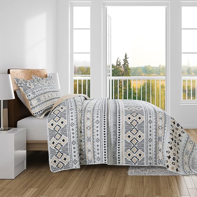 BEDIFANY Boho Quilt King Size Set, Lightweight Bedspread King Size Stripe Boho - Image 3