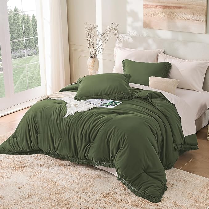 Andency Olive Green Comforter Set King, 3 Pieces Boho Tassel Lightweight - Image 6