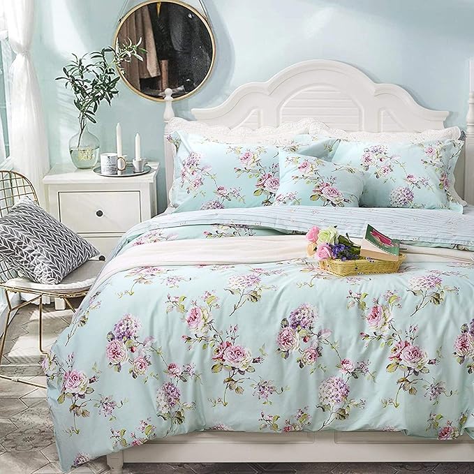 FADFAY Floral Duvet Cover Queen 100% Cotton Blue Green Farmhouse Bedding Super - Image 7