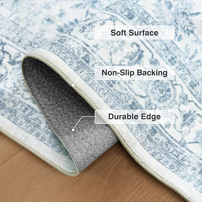 FMFUNCTEX 4x6 Washable Area Rug Blue Neutral Vintage Non Slip Low Pile - Image 4
