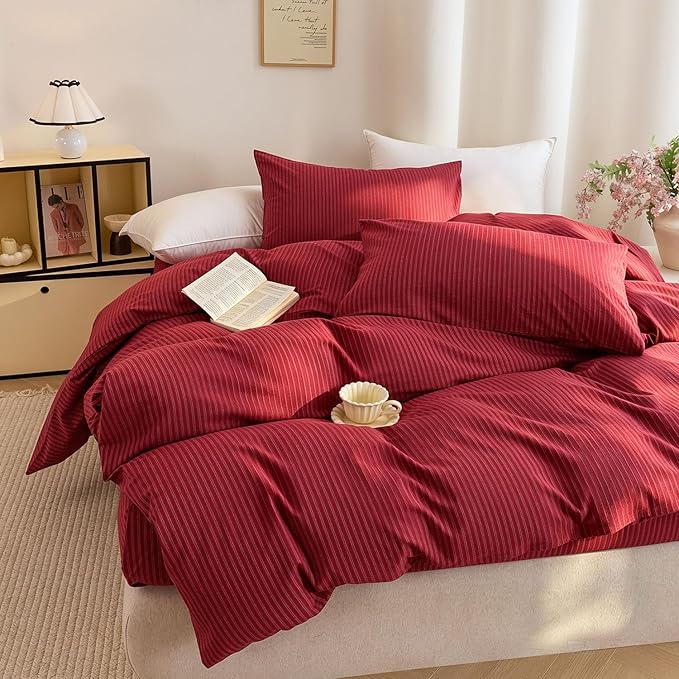 PinkMemory Red Striped Duvet Cover King 100% Washed Cotton Vintage Stripes - Image 3