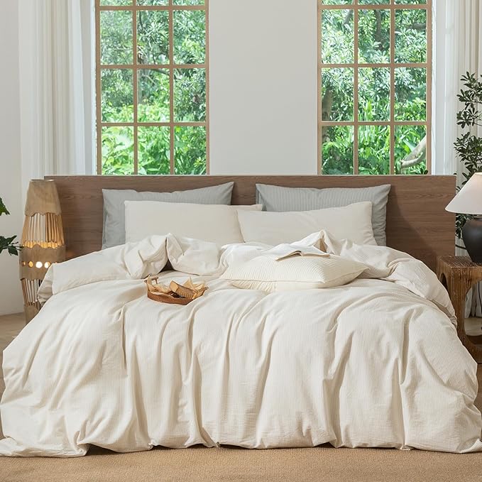 MooMee Striped Duvet Cover Set 100% Washed Cotton Linen Like Textured by MOOMEE