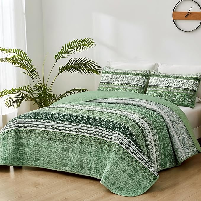 WONGS BEDDING Boho King Quilt Set, Light Green Bohemian Quilt Bedding Set - Image 2
