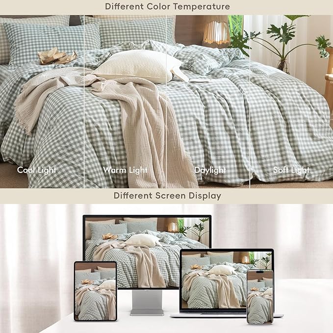 MooMee Gingham Duvet Cover Set 100% Washed Cotton Linen Like Textured - Image 6