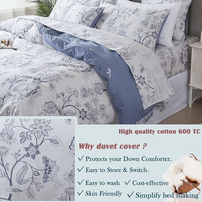 FADFAY Duvet Cover Set Queen Floral Bedding Percale Cotton 600 TC Classical - Image 7