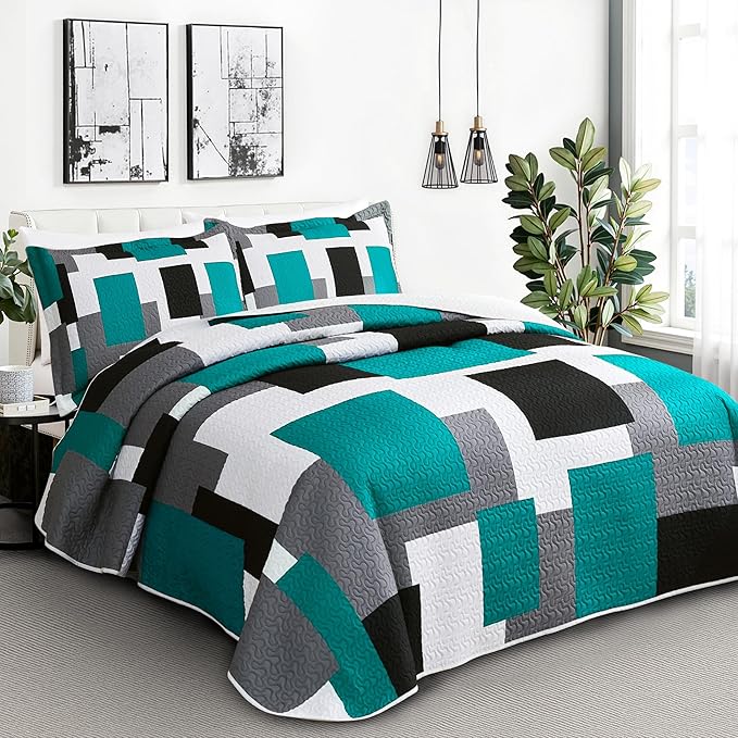 Tyrot 3 Piece Teal/Turquoise Quilt Set Full/Queen Size Black Grey Geometric - Image 2