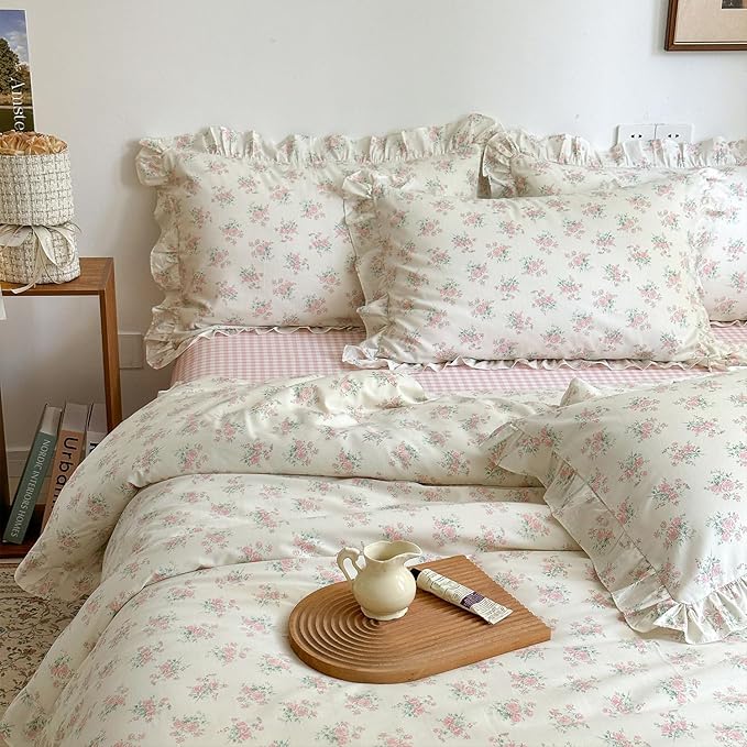 mixinni Pink Floral Duvet Cover Set Queen Size - Image 3