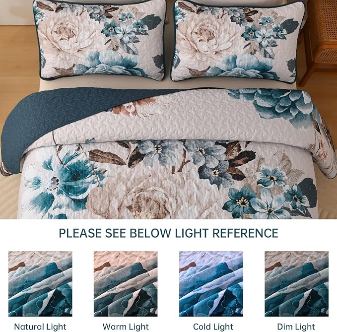 WONGS BEDDING Aqua Floral Quilt Set King, 3 Pieces Reversible Lightweight - Image 8