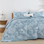 WONGS BEDDING Botanical Quilt Set Queen Size, Aqua 3 Pieces Toile Floral Plants - Image 4