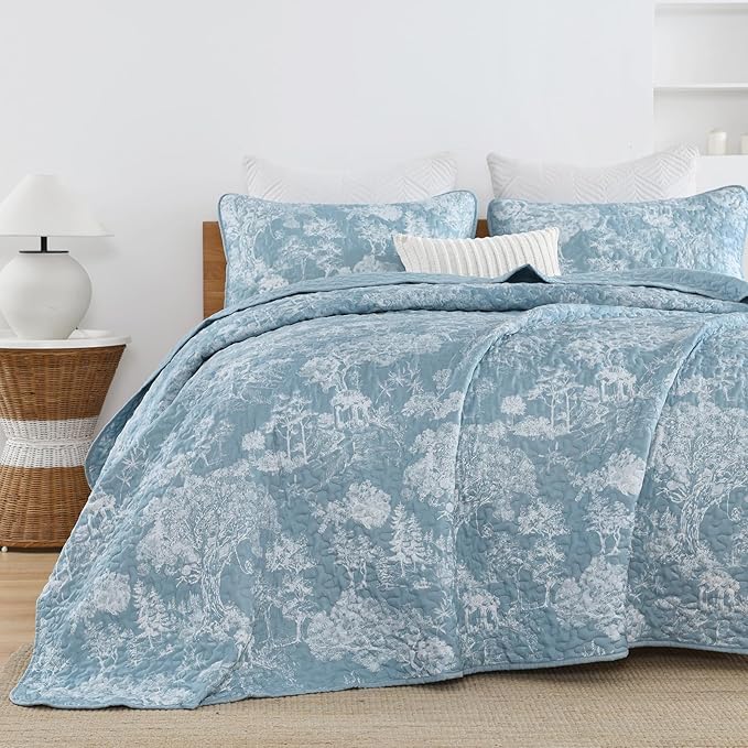 WONGS BEDDING Botanical Quilt Set King Size, Aqua 3 Pieces Toile Floral Plants - Image 4