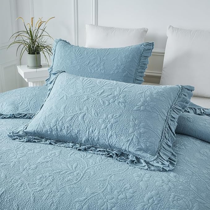 Brandream Luxury 100% Cotton Quilt Set King Size Blue Floral Vine Matelasse - Image 8