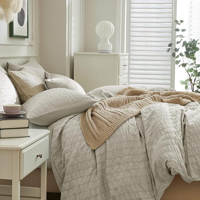 JELLYMONI Beige Duvet Cover Twin Size, Soft Breathable Seersucker Duvet Cover - Image 7
