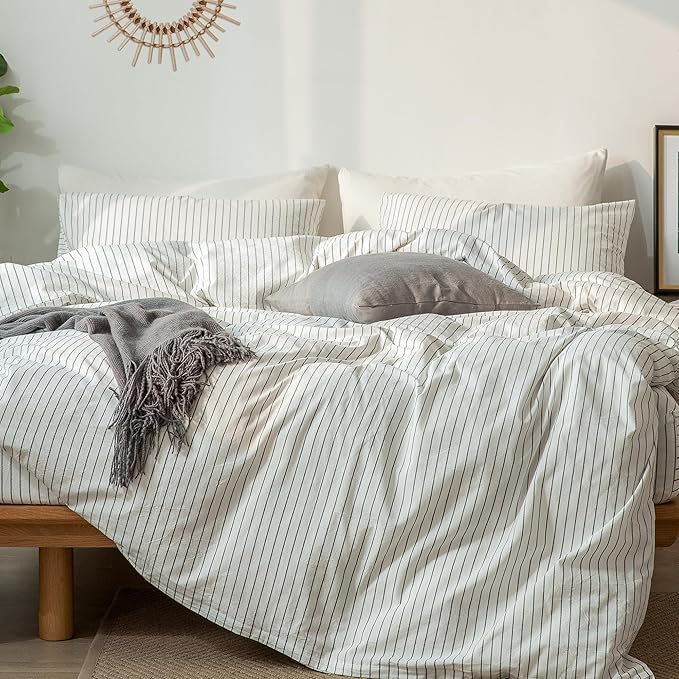 MooMee Striped Duvet Cover Set 100% Washed Cotton Linen Like Textured by MOOMEE