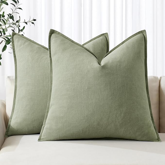 MIULEE Decorative Linen Pillow Covers 20x20 Inch Sage Green ​Boho Farmhouse​ by MIULEE