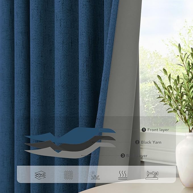 Navy Blue Linen Textured Curtains 90 Inches Long 2 Panels Set Modern Neutral - Image 5