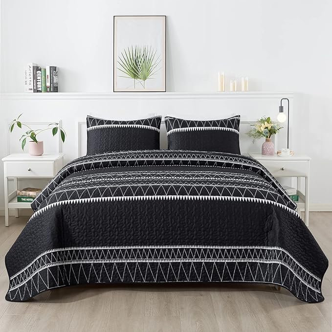 Andency Black Oversized Super King Quilt Set, 3 Pieces Boho Lightweight Soft by Andency