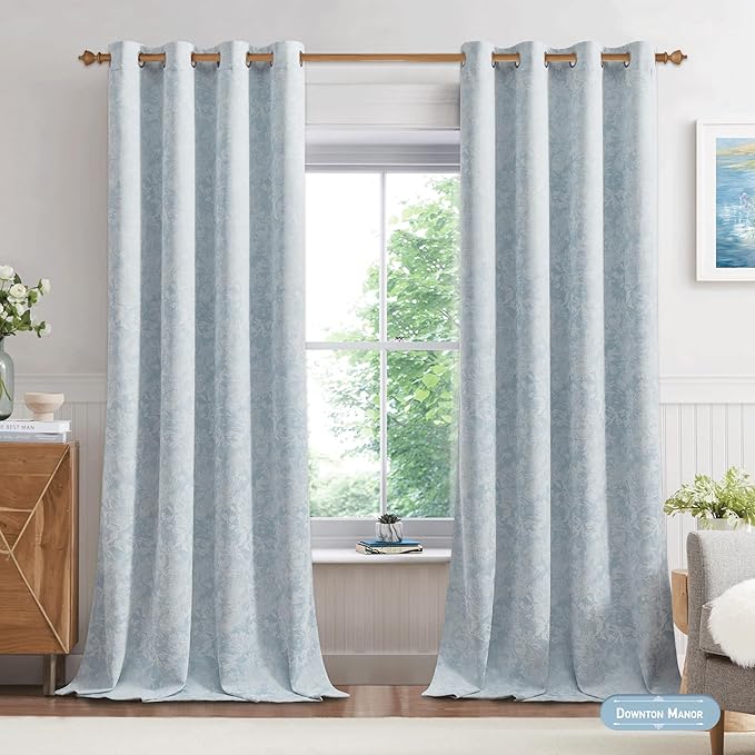 Beauoop Blue Floral Jacquard Blackout Curtains 72 Inches Long 2 Panels - Image 2